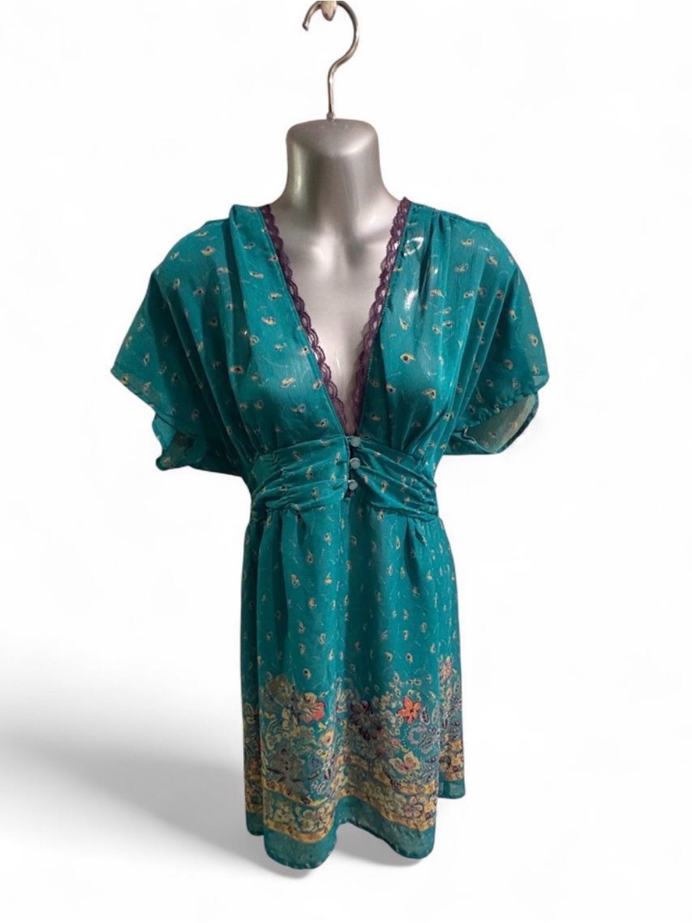 Kimchi & Blue Teal V-Neck Short semi Sheer Dress with Lace Trim L